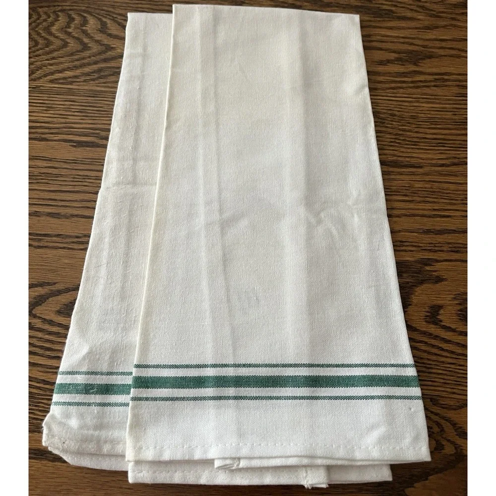 2 Kitchen Tea Hand Towels Light Cotton Green & White Stripes Pakistan 26 x 15